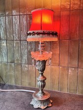 Vintage Ornate Table Lamp & Vintage Red Silk Shade Boudoir Style