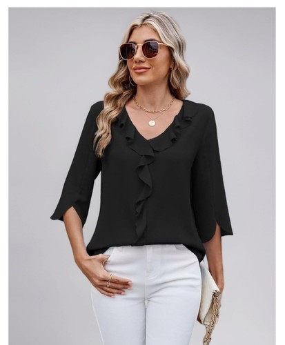 Black neck ruffle blouse - neck, 3/4