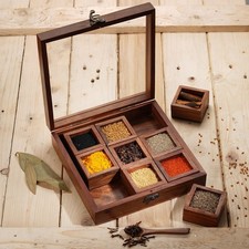 Ajuny Wooden Spice Box 9x9 Inch - Decorative Masala Dabba Organizer with Glass 