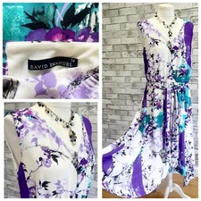 David Emanuel Dress Size 14 Purple Mix Elasticated Belt Asymmetrical Summer VGC