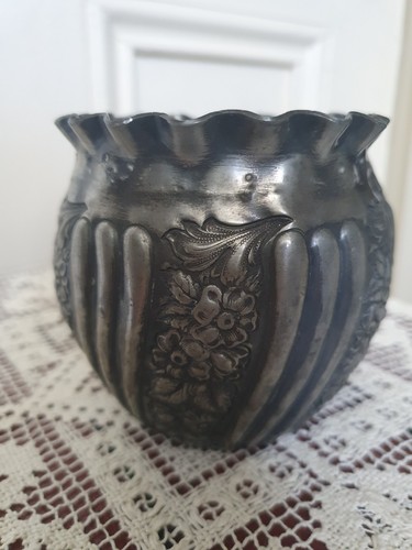 Vintage silver metal cachepot - vintage,