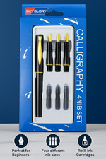 Sky Glory Calligraphy Pen Set - 4 Gold Nibs + 3 Ink Cartridges - Gift Ready