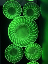 Bagley Glass Art Deco CARNIVAL dessert bowls. Uranium Glass 8 Small One Big Bowl