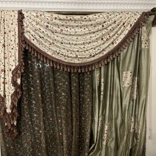 2 PAIRS GOLD FULL LENGTH CURTAINS, SWAGS & TAILS-  LINED, TASSELS