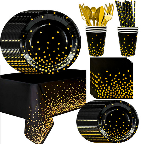 Black gold party tableware - black,