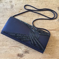M&S Marks & Spencer's Navy Blue Satin Beaded Evening Bag 24x11.5x6cm