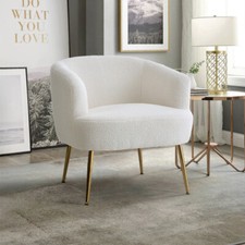 Occasional Tub Barrel Sofa Armchair White Teddy Boucle Accent Chair w/ Gold Legs