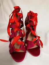 V By Very Fuschia Pink Satin Strappy Sandal with Red Ribbon 4" Heel Size UK 6