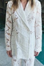 Zara Lace Cutwork Crochet Brocade Double Breasted White Jacket Blazer - Medium