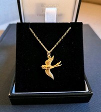 Sterling Silver 18ct Gold Vermeil Swallow Bird Necklace Pendant Diamond Eye