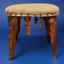 Handmade Cypress Knee Stool Rustic Burlap Seat Primitive Folk Art Furniture