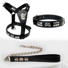 STAFFORDSHIRE BULL TERRIER DOG HARNESS* COLLAR & CHAIN LEAD COMBO SET CHROME FIT
