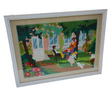 Vintage Tapestry Completed Framed Wool Garden House Children Playing 17'' x 22''