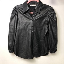 0109 Zara Black faux leather button-up shirt with puffy sleeves Size S