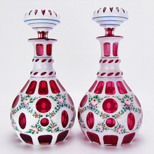 Antique Bohemian Cased Cut To Cranberry Glass Decanters Hand Painted Large Pair