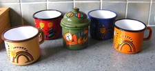 SMALTUM ENAMELWARE CZECH 4 COFFEE MUGS & LIDDED SUGAR BOWL CAT DESIGNS