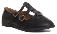 Womens Ladies T Bar Geek Shoe With Buckles In Black Or Silver Size UK 3 - 8 