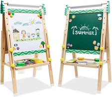 Kids Easel with Paper Roll Double-Sided Whiteboard Chalkboard Adjustable Height