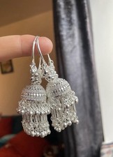 Indian Pakistani Silver Jhumka Earrings With White Stones