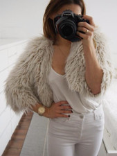 Zara Trinny style Faux Fur Jacket Feather Sz M Knit Beige Sold Out💕ref 6873/101