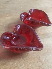 Vintage 2 x Whitefriars Ruby Red Glass Heart Dish / Ashtray 1960s / Bubbles