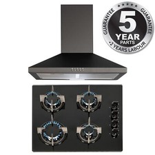 SIA 60cm Black 4 Burner Gas On Glass Hob & Chimney Cooker Hood Extractor Fan