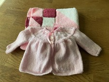 Hand Knitted Baby Blanket Matinee Jacket Cardigan Pink White Girl