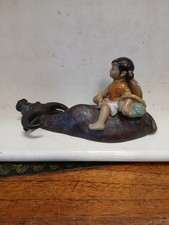 Vintage Shiwan Mudmen Girl Riding On A Water Buffalo Figurine