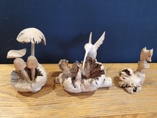 3x Parasite Burr Wood Carvings - Hummingbird Flower Seahorse Mushrooms
