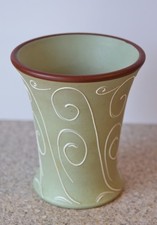 Denby Stoneware Vase, Green With Embossed White Swirls 16 cm High