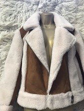 Boden Faux Shearling Sheepskin Suede Aviator Jacket Brown Cream