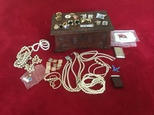 Mixed Lot Costume Jewellery Cuff links Old Carved Box And Curios