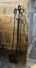 Fireplace Companion Set Forged Iron Poker, Brush,  Coal Tongs Minimal Use.