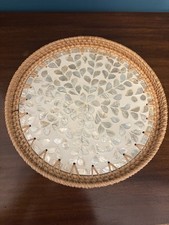 Inlaid Round Shell Tray With Wicker Edges. Brand New 30cm Diameter