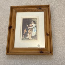 Vintage Print Of Girl Reading To Dog In Antique Pine Frame