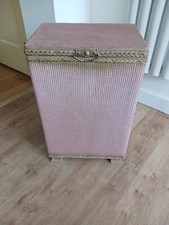 Vintage Sirrom Art Deco Woven Rattan Laundry Basket - Original Rose Pink & Gold