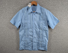 Squish Wear Men's Blue Guayabera Yucatan Cuban Style Embroidered Button Shirt S