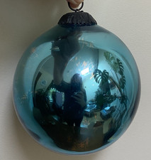 Vintage Large Glass Kugel Christmas Bauble - Witches Ball - Blue - Heavy 6"