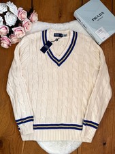 Polo Ralph Lauren Men’s The Iconic Cricket Sweater Cream Blue Stripe Jumper XL