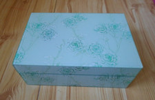 HEAVY RECTANGULAR UNBRANDED LIGHT GREEN FLORAL LINED GLASS STORAGE BOX 