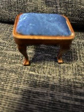 Vintage doll house furniture  foot stool with blue upholstered top 