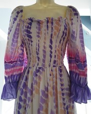 Boho Hippie Gypsy Tie-dye Puff Sleeves Shirred Bodice Midi Maxi Dress 10 12 14 