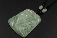 GREEN JADE Carved Ornate Column Pendant 26" Beaded Cord Necklace, 77.6g - B63