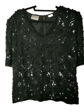FRANK USHER Silk Sequin Top Black Size M Shoulder Pads Party Occasion Medium