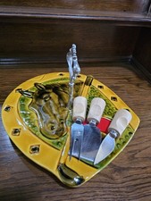 Vintage Ceramic Cheese Board & Knife Set French Horse Head Horseshoe Christmas 