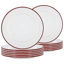 12x White Enamel Dinner Plates Metal Outdoor Camping Food Dishes 25.5cm Red