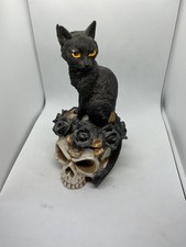 Halloween Alchemy Vault - Resin Black Cat On Skull Figurine- 18.5cm