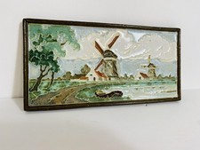 Long Dutch Royal Delft Polychrome Cloisonné Tile. Windmills on a Water