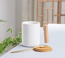 1 Pc 310ml Ceramic Wooden Handle Coffee Mug with Lid & Spoon Couples White Cup