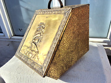 VINTAGE EMBOSSED BRASS ON WOOD COAL / LOG / STORAGE BOX with INNER METAL BOX